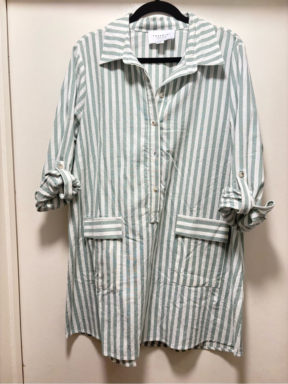 The Shirt by Rochelle Behrens Mint & White Striped Button-Front Blazer